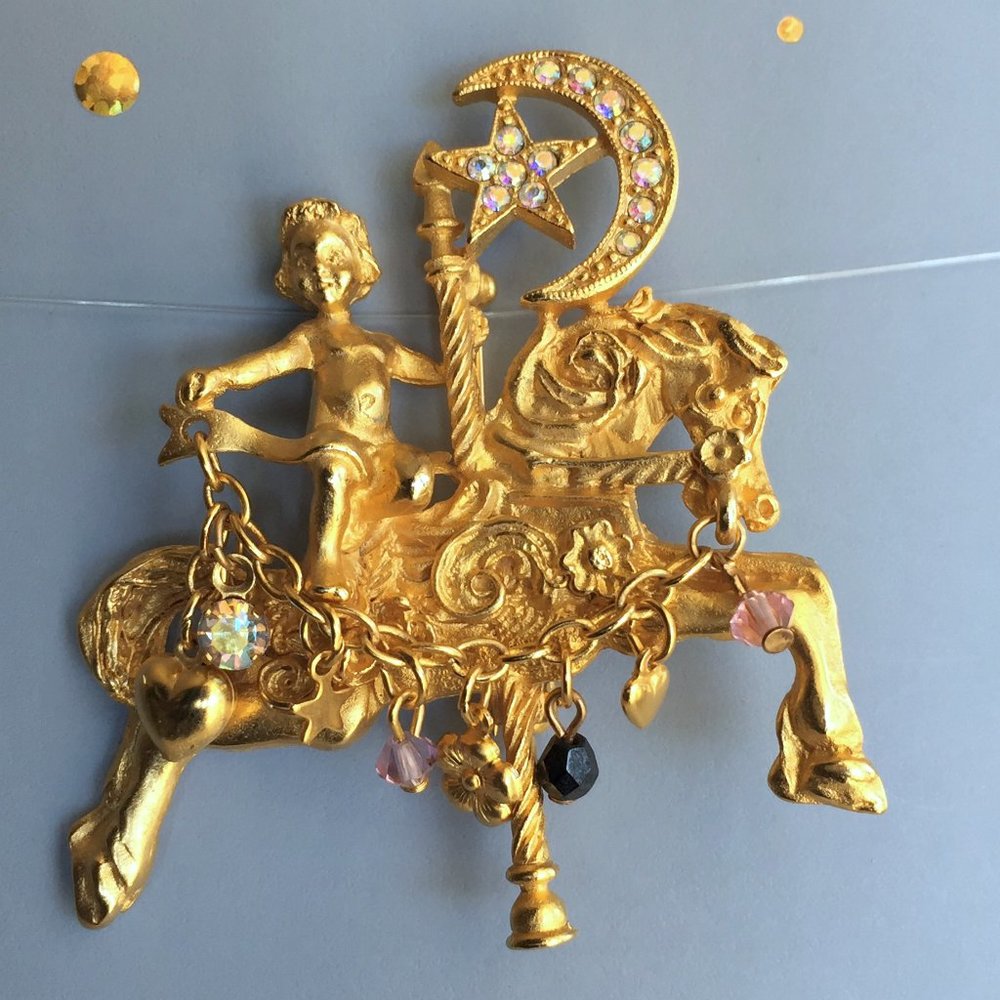 Vintage Signed KIRKS FOLLY Gold Tone Cherub Carousel Horse Brooch Pin - Signed